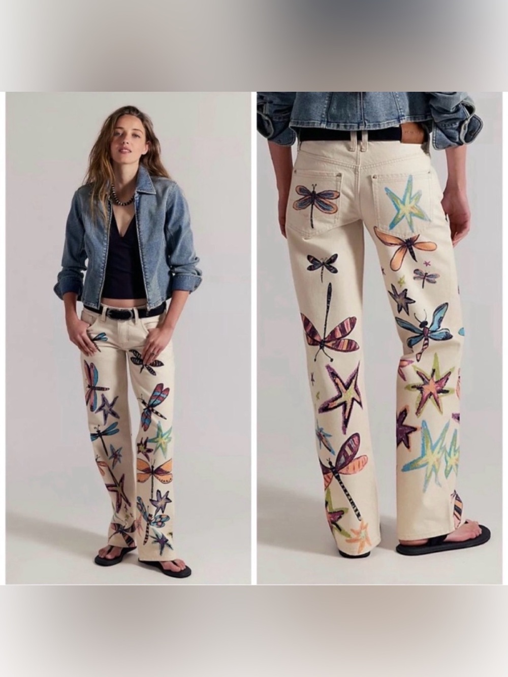 Free People Tennessee Low Rise Boyfriend Dragonfly Artsy Jeans Cream Size 26